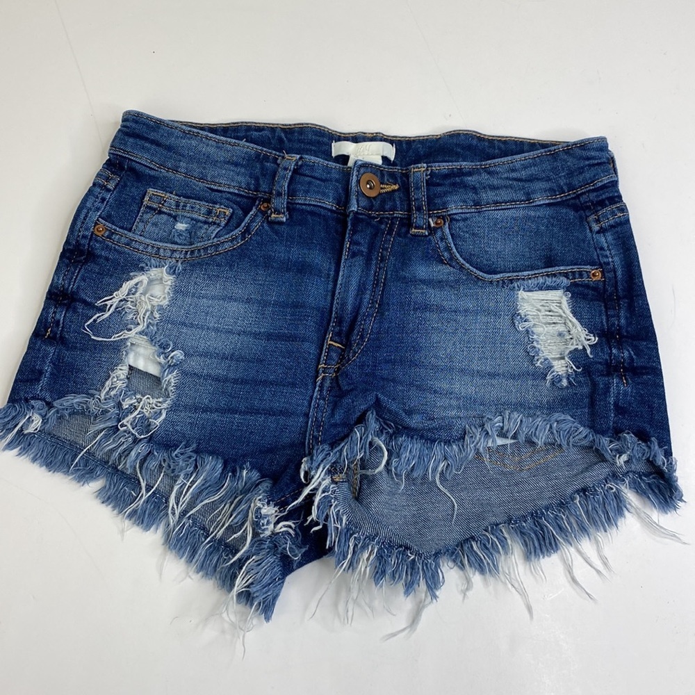 H&M Womens Distressed Denim Mid-Rise Frayed Hem Shorts Size 2 Blue Cotton Blend